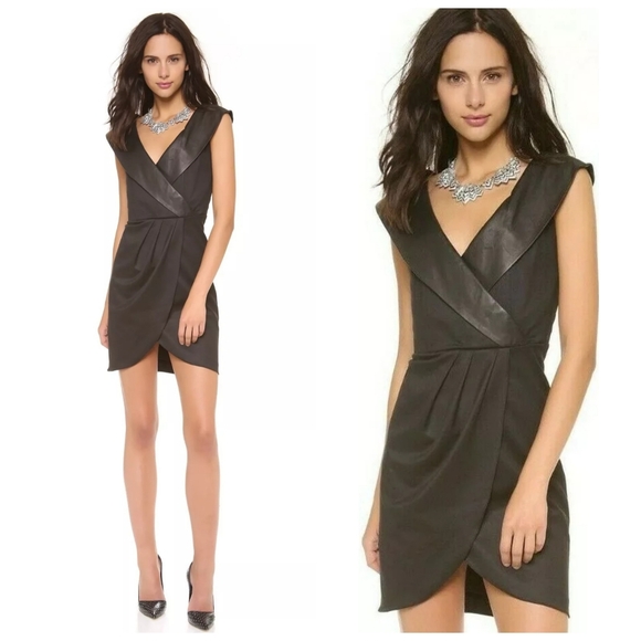 Alice + olivia Shayna Leather Trim Shawl Collar Faux Wrap Black Dress - Picture 3 of 15